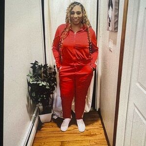 Red Velour Track Pants & Joggers with Mock Turtleneck